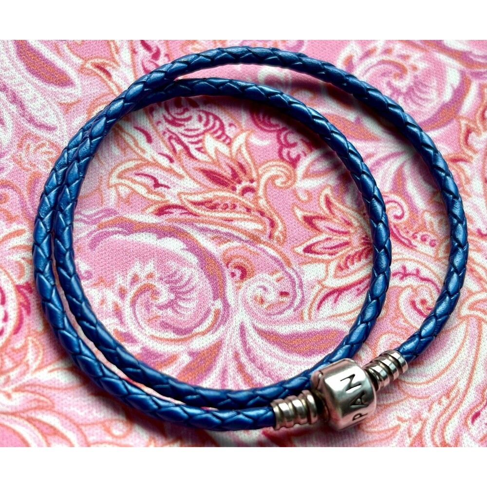 PANDORA Blue Leather Double Bracelet with Sterling Silver Clasp - EUC - Picture 4 of 5